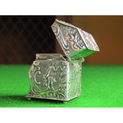 534 - Solid Silver Figural Decorated Hinge Top Pill Box with Sporting Gentlemen to Tops and Sides