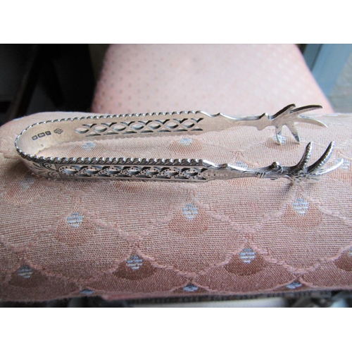 543 - Antique Solid Silver Ice Tongs Hallmarked Open Cut Decoration Approximately 5 Inches High