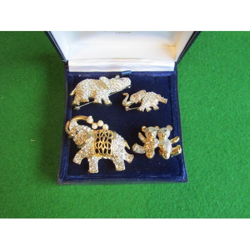 544 - Four Rhinestone and Pearl Decorated Vintage Brooches Three Elephant Motifs and One Twin Teddy Bears ... 