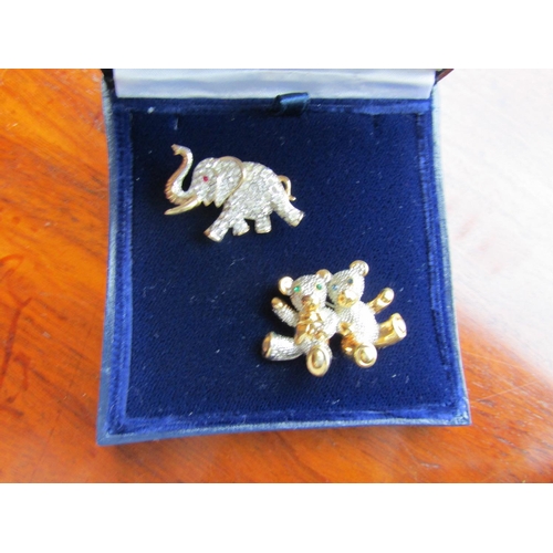 544 - Four Rhinestone and Pearl Decorated Vintage Brooches Three Elephant Motifs and One Twin Teddy Bears ... 