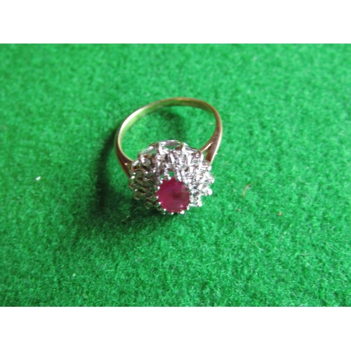 548 - Ruby and Diamond Cluster Ladies Mounted on 9 Carat Yellow Gold Band Ring Size H and a Half