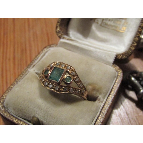 556 - Emerald and Brilliant Cut Diamond Dress Ring 9 Carat Gold Attractive Design Good Colour Ring Size M ... 