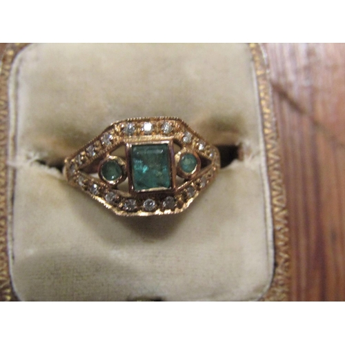 556 - Emerald and Brilliant Cut Diamond Dress Ring 9 Carat Gold Attractive Design Good Colour Ring Size M ... 