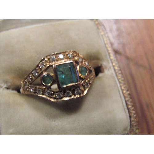 556 - Emerald and Brilliant Cut Diamond Dress Ring 9 Carat Gold Attractive Design Good Colour Ring Size M ... 