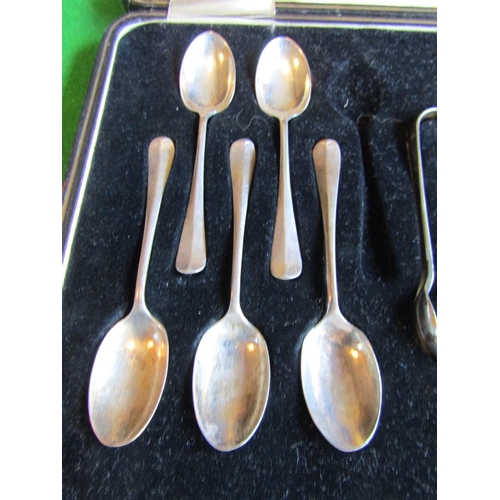 64 - Edward VII Cased Set of Ten Solid Silver Teaspoons with Matching Sugar Tongs Dated 1901