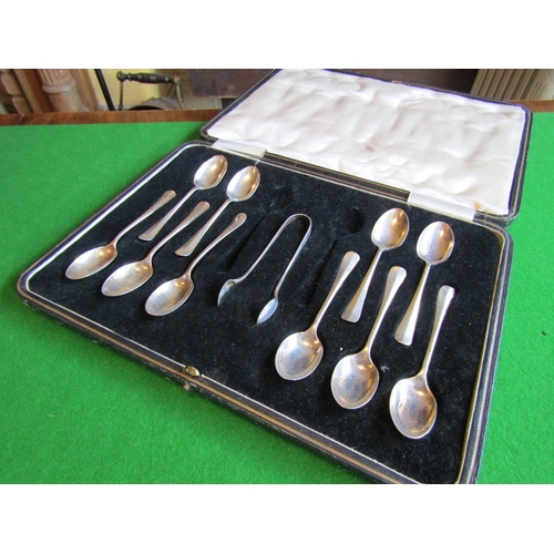 64 - Edward VII Cased Set of Ten Solid Silver Teaspoons with Matching Sugar Tongs Dated 1901