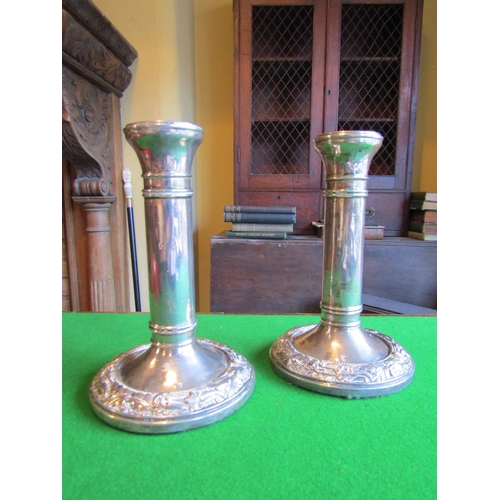 69 - Pair of Edwardian Solid Silver Mounted Candle Sticks Each Circular Base with Foliate Decoration to E... 