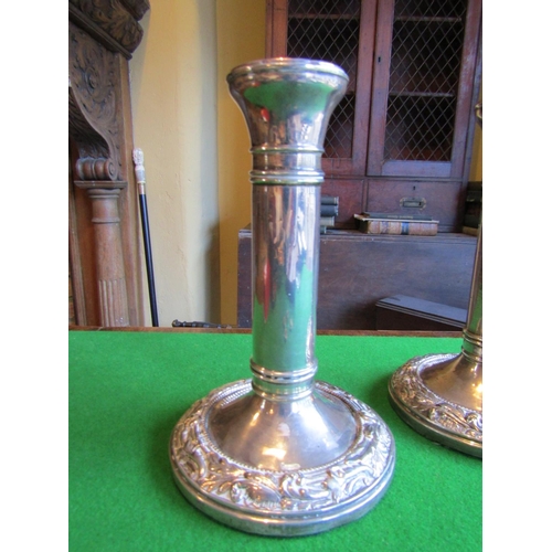 69 - Pair of Edwardian Solid Silver Mounted Candle Sticks Each Circular Base with Foliate Decoration to E... 