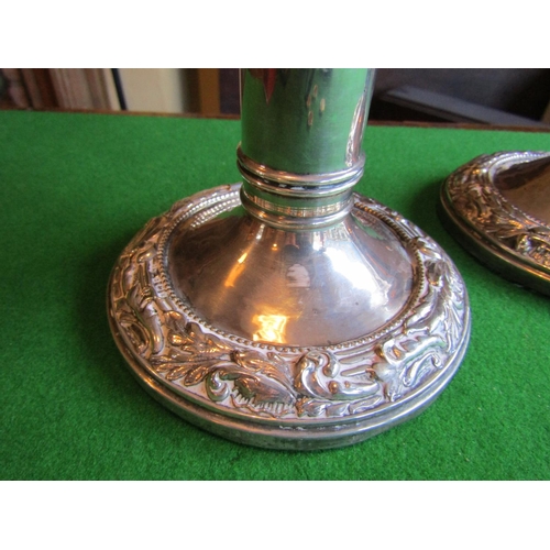 69 - Pair of Edwardian Solid Silver Mounted Candle Sticks Each Circular Base with Foliate Decoration to E... 