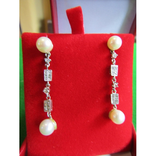 72 - Pair of Platinum Mounted Diamond and Pearl Set Art Deco Ladies Earrings of Attractive Form