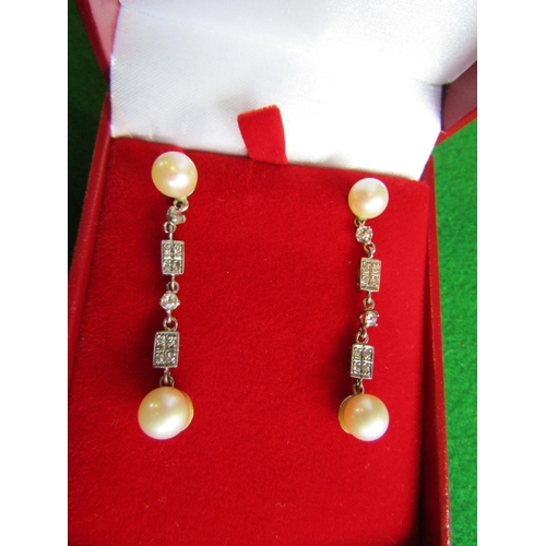 72 - Pair of Platinum Mounted Diamond and Pearl Set Art Deco Ladies Earrings of Attractive Form