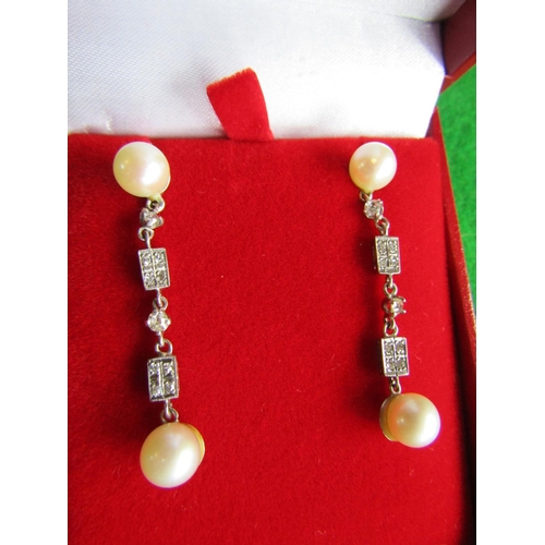 72 - Pair of Platinum Mounted Diamond and Pearl Set Art Deco Ladies Earrings of Attractive Form