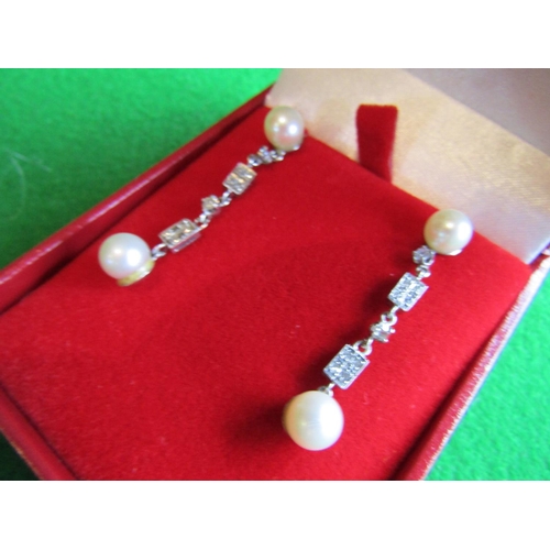 72 - Pair of Platinum Mounted Diamond and Pearl Set Art Deco Ladies Earrings of Attractive Form