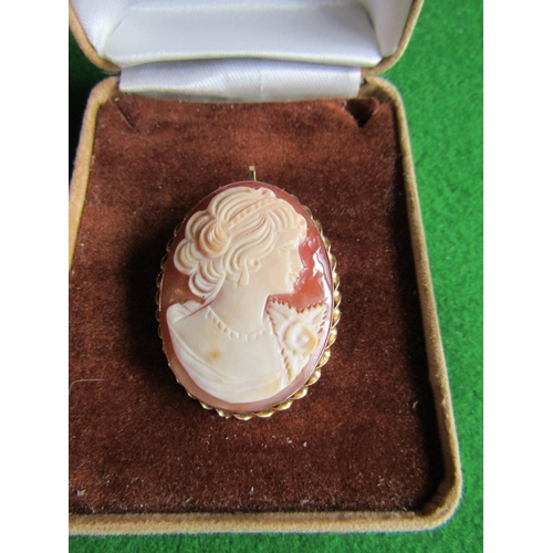 82 - Large 9 Carat Gold Ladies Cameo Brooch Depicting Classical Lady Side Profile with Pendant Fitting