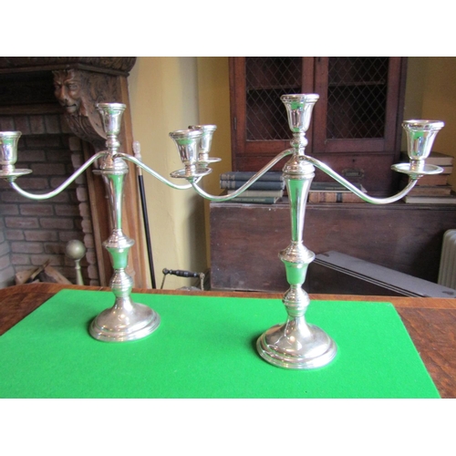 90 - Pair of Three Sconce Silver Candelabra of Attractive Design Turned Pedestal Columns on Further Turne... 