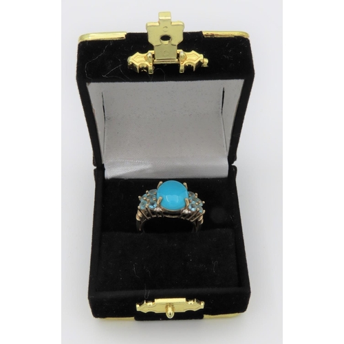 101 - Turquoise Set Cabochon Cut Centre Stone Ring with Side Topaz Decoration Mounted on 9 Carat Yellow Go... 