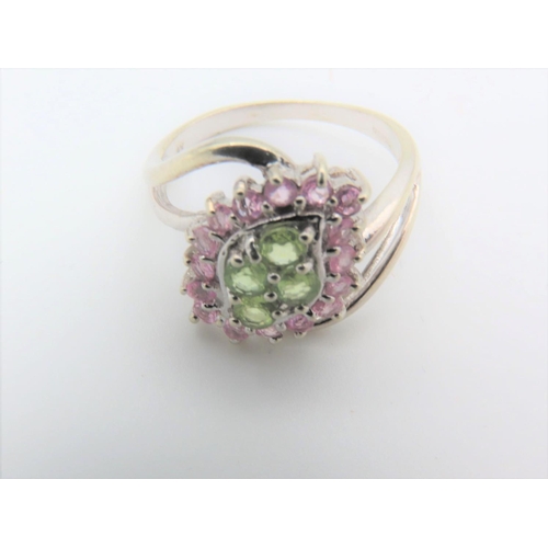 105 - Green Quartz and Pink Sapphire Ladies Ring Mounted on 9 Carat Gold Ring Size M