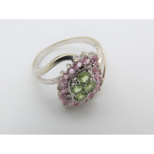 105 - Green Quartz and Pink Sapphire Ladies Ring Mounted on 9 Carat Gold Ring Size M