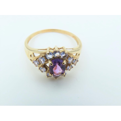 112 - Amethyst and Tanzanite Set Ladies Ring Hallmarks 2005 Mounted on 9 Carat Yellow Gold Band Ring Size ... 