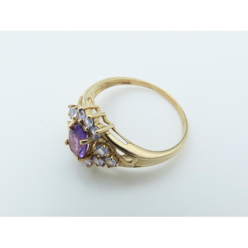 112 - Amethyst and Tanzanite Set Ladies Ring Hallmarks 2005 Mounted on 9 Carat Yellow Gold Band Ring Size ... 