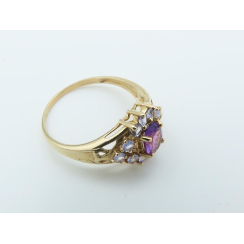 112 - Amethyst and Tanzanite Set Ladies Ring Hallmarks 2005 Mounted on 9 Carat Yellow Gold Band Ring Size ... 