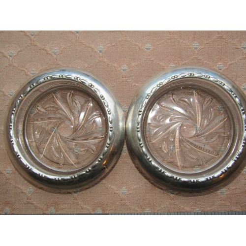 1145 - Set of Six Silver Mounted Cut Crystal Wine Glass Table Coasters Each Approximately 4 Inches Diameter