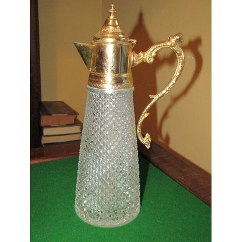 1146 - Hobnail Cut Crystal Tapering Form Claret Jug with Gilded Decoration Approximately 12 Inches High