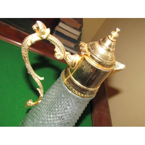 1146 - Hobnail Cut Crystal Tapering Form Claret Jug with Gilded Decoration Approximately 12 Inches High