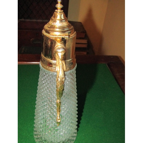 1146 - Hobnail Cut Crystal Tapering Form Claret Jug with Gilded Decoration Approximately 12 Inches High