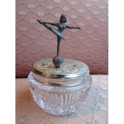 1149 - Unusual Musical Cut Crystal Powder Jar with Dancing Figure Surmount Approximately 4 Inches Wide