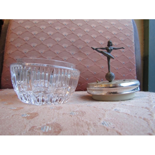 1149 - Unusual Musical Cut Crystal Powder Jar with Dancing Figure Surmount Approximately 4 Inches Wide