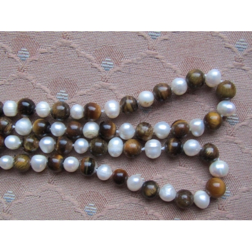 1152 - Pearl and Tigers Eye Ladies Necklace of Good Length