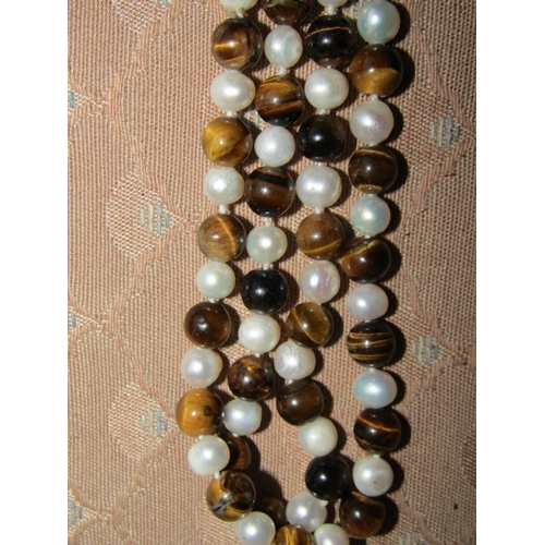 1152 - Pearl and Tigers Eye Ladies Necklace of Good Length