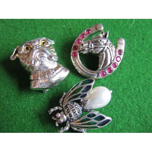 1156 - Three Silver Mounted Ladies Brooches including Lucky Horse Shoe Motif Example