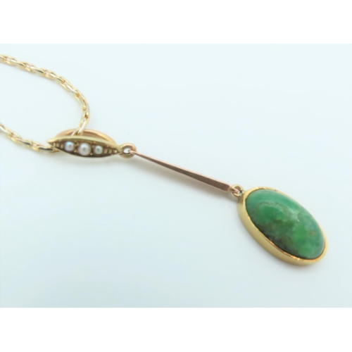 116 - Green Gemset Cabochon Cut Centre Stone Ladies Pendant with Split Pearl Decoration Length 4.5cm