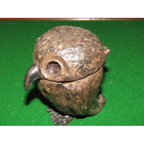 1161 - Austrian Cold Painted Bronze Owl Motif Ink Well with Hinged Cover Approximately 4 Inches High