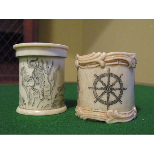 1163 - Carved Pill Box with Incised Detailing and Napkin Ring Two Items in Lot Largest Approximately 3 Inch... 