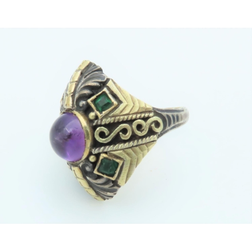 145 - Amethyst Set Cabochon Cut Ladies Dress Ring with Incised Decoration to Band Ring Size P Vintage