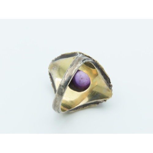 145 - Amethyst Set Cabochon Cut Ladies Dress Ring with Incised Decoration to Band Ring Size P Vintage