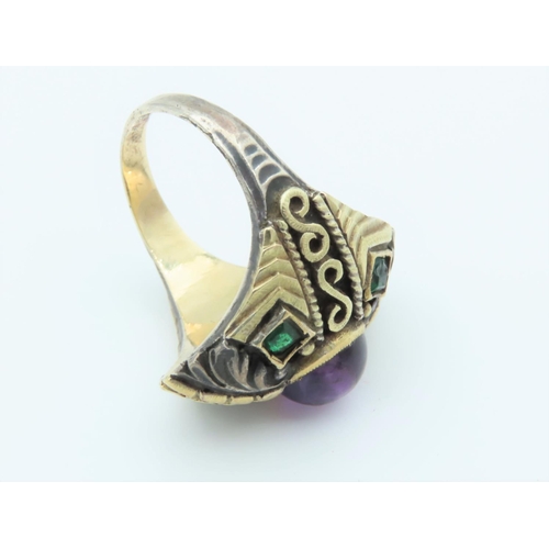 145 - Amethyst Set Cabochon Cut Ladies Dress Ring with Incised Decoration to Band Ring Size P Vintage