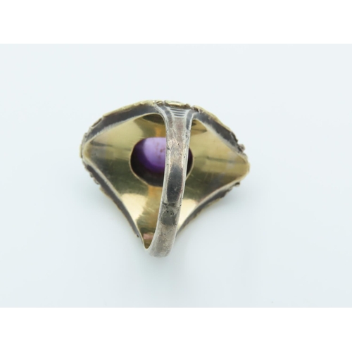 145 - Amethyst Set Cabochon Cut Ladies Dress Ring with Incised Decoration to Band Ring Size P Vintage