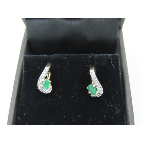 151 - Pair of Ladies Diamond and Emerald Earrings Length 1.2cm Mounted on 9 Carat Yellow Gold