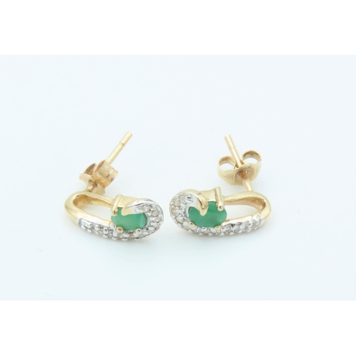 151 - Pair of Ladies Diamond and Emerald Earrings Length 1.2cm Mounted on 9 Carat Yellow Gold