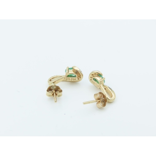 151 - Pair of Ladies Diamond and Emerald Earrings Length 1.2cm Mounted on 9 Carat Yellow Gold