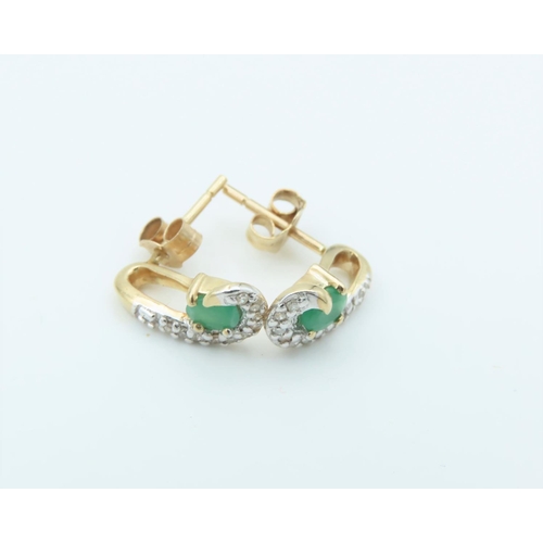 151 - Pair of Ladies Diamond and Emerald Earrings Length 1.2cm Mounted on 9 Carat Yellow Gold