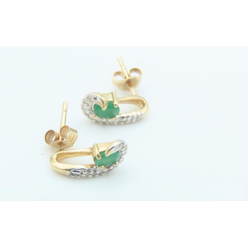 151 - Pair of Ladies Diamond and Emerald Earrings Length 1.2cm Mounted on 9 Carat Yellow Gold