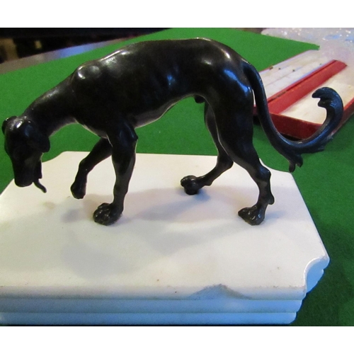 164 - Bronze Sculpture Antique of Hound Mounted on Shaped Form Carrera Marble Base Approximately 5 Inches ... 