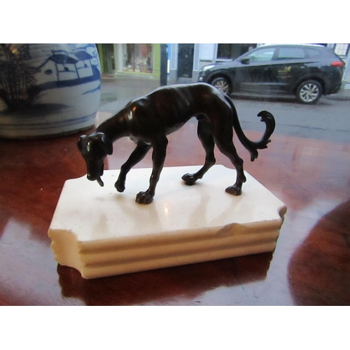 164 - Bronze Sculpture Antique of Hound Mounted on Shaped Form Carrera Marble Base Approximately 5 Inches ... 