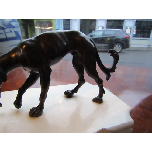 164 - Bronze Sculpture Antique of Hound Mounted on Shaped Form Carrera Marble Base Approximately 5 Inches ... 