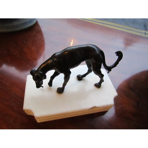 164 - Bronze Sculpture Antique of Hound Mounted on Shaped Form Carrera Marble Base Approximately 5 Inches ... 